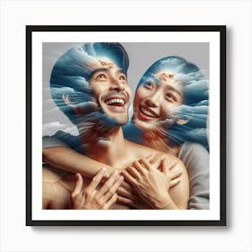 Couple Hugging In Clouds Art Print