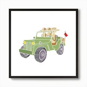 Meerkats In Landrover Defender Jeep, Fun Safari Animal Print, Square Art Print