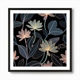 Lotus Flowers On Black Background Art Print