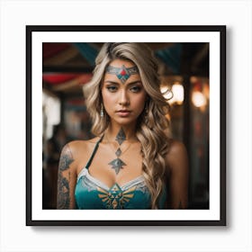 tattoo design, stencil, portrait of princess zelda in a bikini by artgerm, symmetrical face, beautiful, triforce Art Print