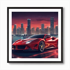 Ferrari Car Overlooking The Miami Skyline At Night 1 Art Print