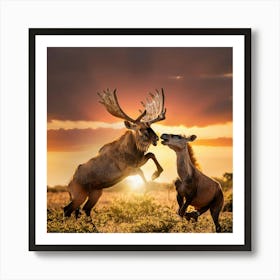 Deer Fighting At Sunset Art Print