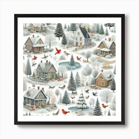 Winter Village And Red Birds Art Print