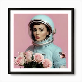 Retro Female Astronaut with Roses Art Print