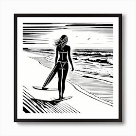 Linocut Black And White Surfer Girl On A Wave art, surfing art, 267 Art Print