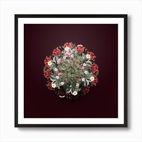 Vintage Pink Flowering Rosebush Flower Wreath on Wine Red n.0374 Art Print