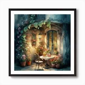 Quiet and attractive dining nook, overgrown flowers, high quality, detailed, highly 3D, elegant carved cart, 18 Art Print