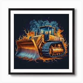 Yellow bulldozer surrounded by fiery flames Art Print