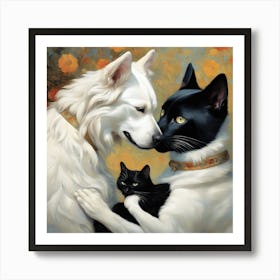 Black Cat And White Dog Art Print