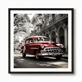 Red Car In Cuba Art Print