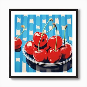Cherries Pop Art Blue Checkerboard 3 Art Print