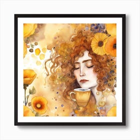 Watercolor  Of A Woman Drinking Coffee Art Print