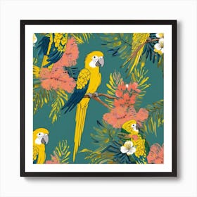 Seamless Pattern With Acacia Flowers And Parrots Vector 3 Art Print