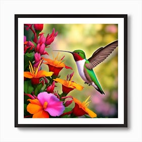 Ruby Throated Hummingbird Wings Vibrating Hastily As It Sips Nectar From A Myriad Of Vibrant Flower 327434654 (1) Affiche