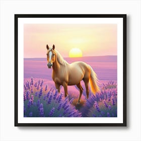 Horse In Lavender Field At Sunset 5 Art Print