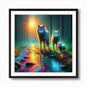 Mystical Forest Wolves Seeking Mushrooms and Crystals Art Print