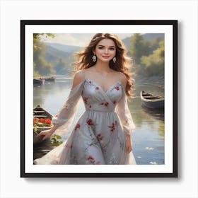 Beautiful Girl By The River Art Print