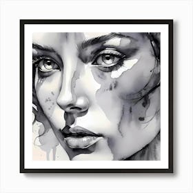 Study Of A Woman'S Face Black And White Art Print