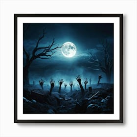 Gothic Style Illustration Skeletal Hands Breaking Through The Soil Full Moon Casting An Eerie Glow (5) Art Print