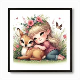 Cute Little Girl And Deer Art Print