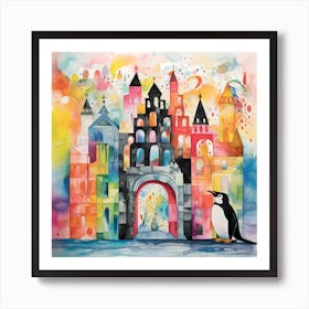 Penguin In Front Of Castle Art Print