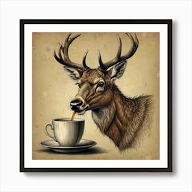 Deer Drinking Tea 1 Art Print