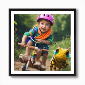 Little Boy Riding A Bike With A Stuffed Animal Art Print