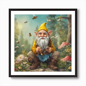 Sunflower Gnome With Bee Funny Hippie Gnome Art Print