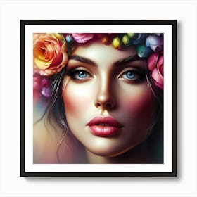 Beautiful Woman With Flowers On Her Head Art Print