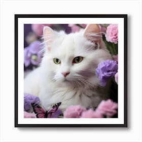 White Cat In Flowers Art Print