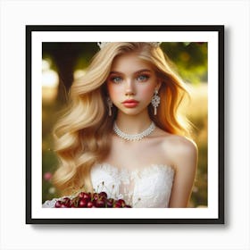 Beautiful Young Woman With A Bouquet Of Cherries Art Print