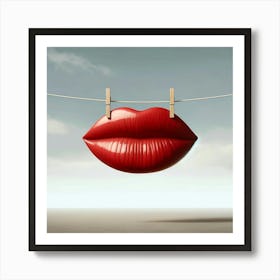 Red Lips Hanging From Clothesline Art Print