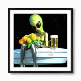 Sad Alien Drinking Beer Art Print