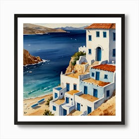 House On The Beach.Summer on a Greek island. Sea. Sand beach. White houses. Blue roofs. The beauty of the place. Watercolor. Art Print