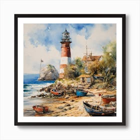 watercolor drawing of an old lighthouse and boats overlooking the beach with a blue sky Art Print