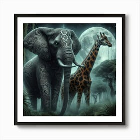 Giraffe And Elephant In The Jungle Art Print