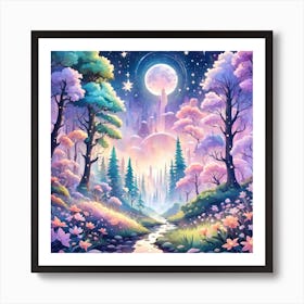 A Fantasy Forest With Twinkling Stars In Pastel Tone Square Composition 166 Art Print