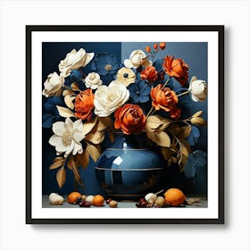 Floral Contemporary Still Life Dark Blue Art Print Art Print