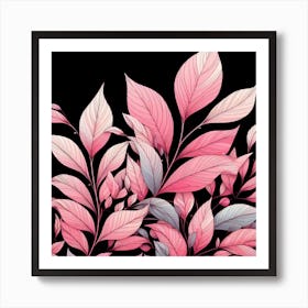 Pink Leaves On Black Background Art Print