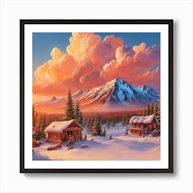 Mountain village snow wooden huts 10 Art Print