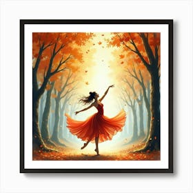 Watercolor Scene Of Dancer In A Fantasy Autumn Forest 1 Art Print