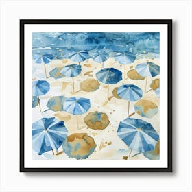 Blue Umbrellas On The Beach 2 Art Print