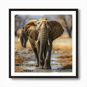 Two Elephants Walking Through A Puddle Art Print