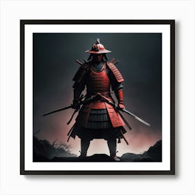 Lonely Japanese Red Samurai Warrior Stand In Dark Art 3 Art Print