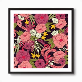 Flower And Floral Pattern With Pink And Green Decoration Square Art Print