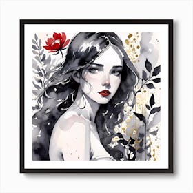 Selective Colour Portrait Of A Gorgeous Girl With Red Flower Square Format Art Print