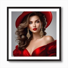 Beautiful Woman In Red Hat Art Print