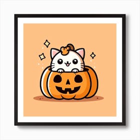 Cute Cat In A Pumpkin Kawaii Cartoon Anime Styled Halloween Design Art Print