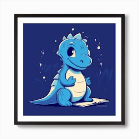 Blue Dinosaur Reading A Book 1 Art Print