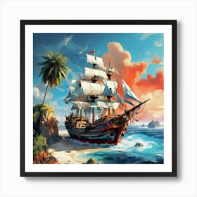 Pirate Ship On The Beach Art Print